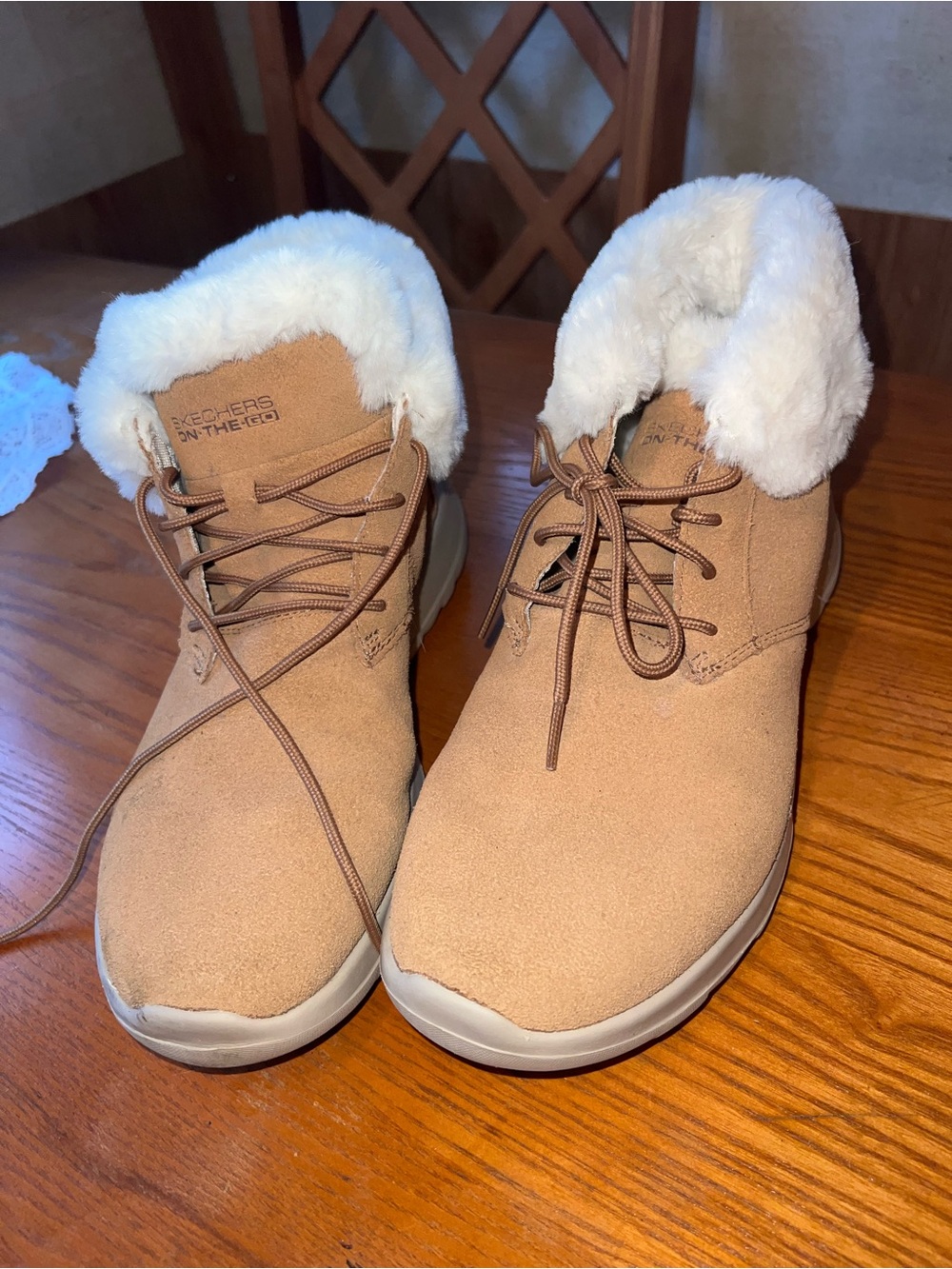 Skechers Tan Faux-Suede Lace-Up Ankle Boot with White Faux Fur Collar